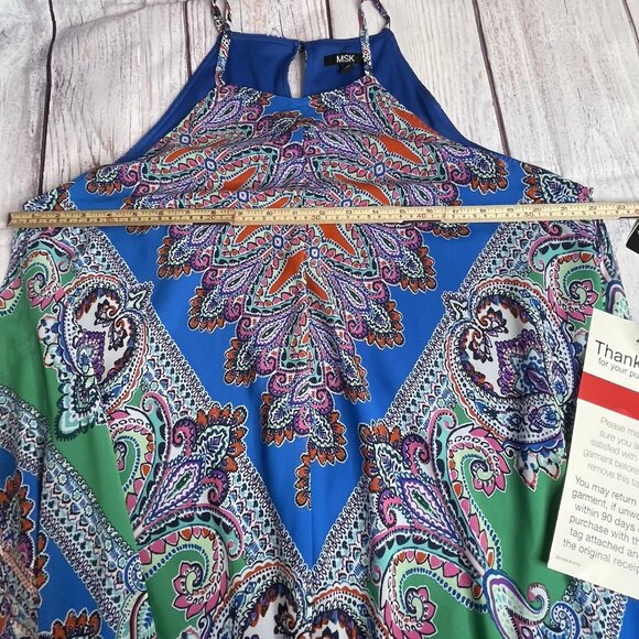 MSK Handkerchief Dress Size 16 Halter Top Paisley Green Blue BOHO Hippie Gypsy - Picture 13 of 16